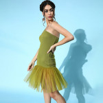 Green One Shoulder Net A-Line Dress