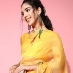 Yellow Floral Print Organza Tussar Saree