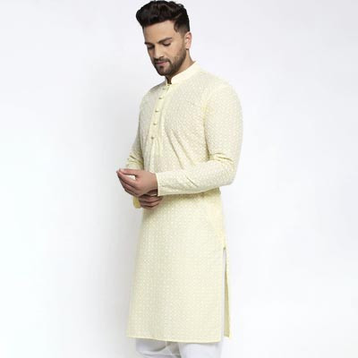 Yellow Floral Embroidered Thread Work Cotton Kurta