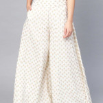 Women Off-White & Golden Printed Flared Palazzos