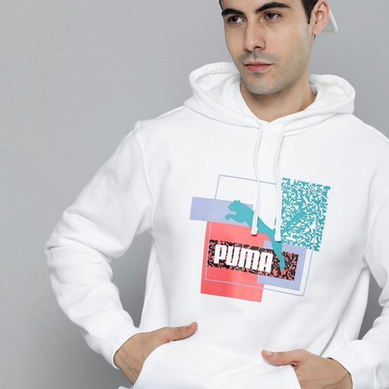 Men White Printed Brand Love Hooded Sweatshirt