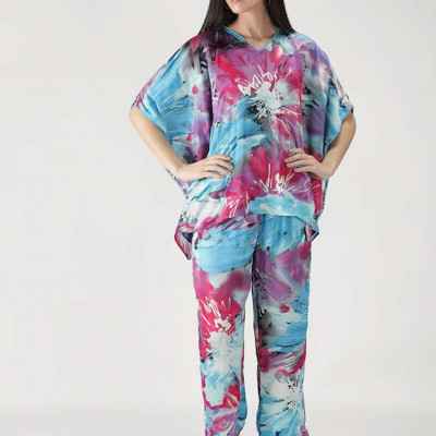 Women Blue & Pink Printed Kaftan Night suit