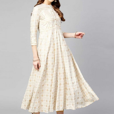 Off-White & Golden Ethnic Foil Print Panelled Anarkali Kurta