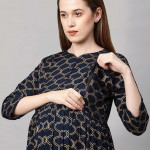 Navy Blue & Gold-Toned Geometric Printed Maternity Nursing A-Line Midi Dress