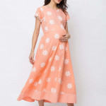 Peach-Coloured Printed Fit and Flare Maternity Feeding Nursing Dress