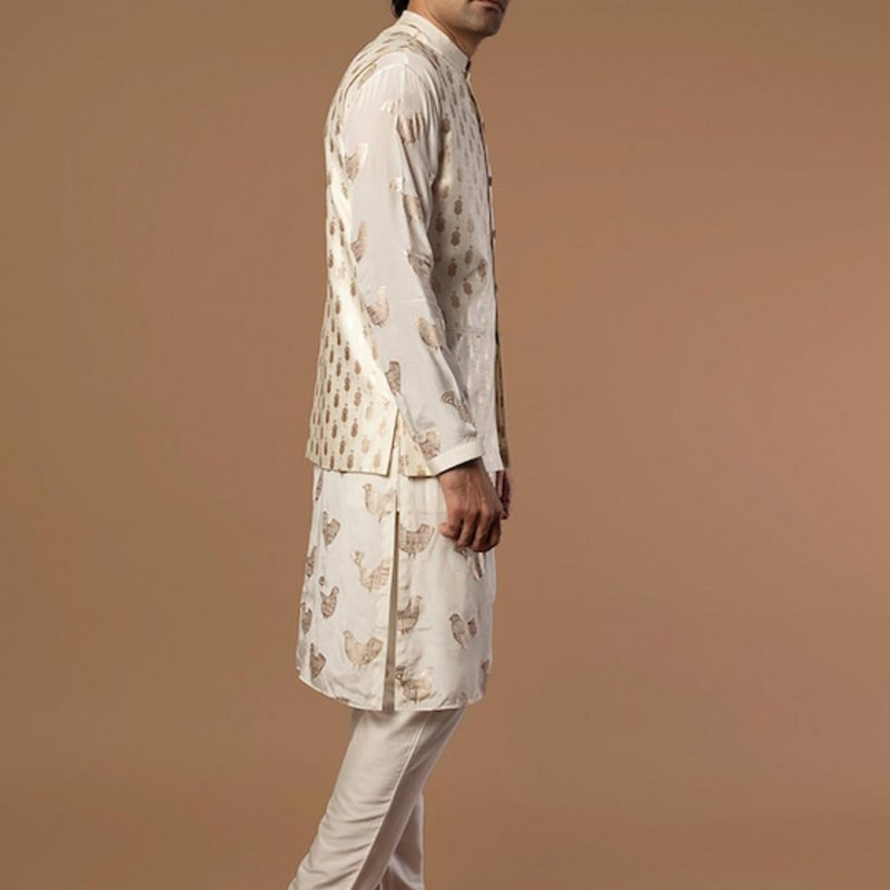 Men Multicoloured Floral Printed Angrakha Kurta with Churidar & With Dupatta