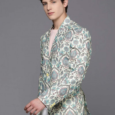 Men Cream Coloured & Green Printed Blazer