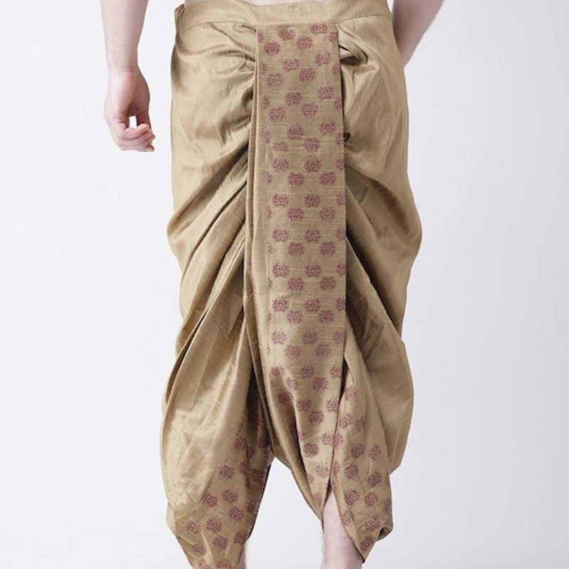 Men Beige & Maroon Printed Dupion Silk Dhoti