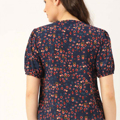 Women Navy Blue & Orange Floral Print Top